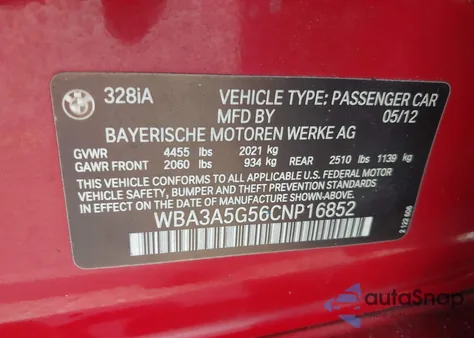 2012 BMW 328I from USA, damaged, VIN WBA3A5G56CNP16852